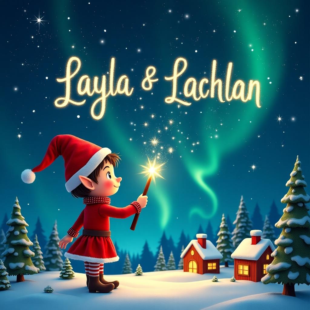 Two elves use a magical wand to write the name in sparkling letters against a starry night sky. An elf gazes at the magical sky, wears a vibrant red outfit, and holds a glowing wand. Below, a landscape features little houses and evergreen trees illuminated by Northern Lights. The elf creates a magical and Christmas atmosphere.