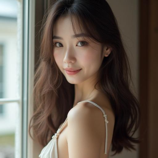 Portrait of a young woman with long hair in natural light inside a room. Focus on a warm smile and soft features. The background is blurred slightly.