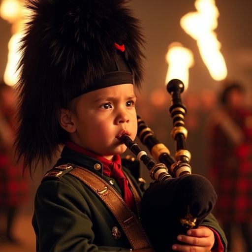 Scene of a 3-year-old child playing bagpipes at night. Child wears a military uniform with tartan and a tall feathered hat. Expression is serious and focused. Torch flames in the background create dramatic lighting. Audience blurred behind the child.