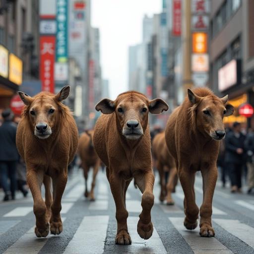 Three cows walking down Ginza Street in an urban environment. Onlookers observe the scene. Buildings line the street.