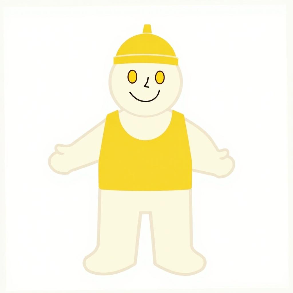 White stickman character with yellow torso and cap. Character has yellow eyes and a small smile. Simple design with cheerful expression.