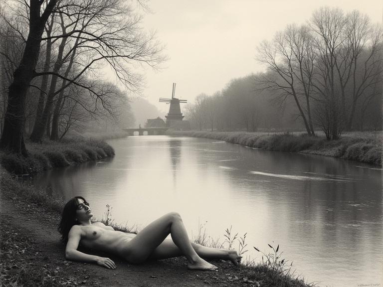 Naked woman lying on the ground by a winding river. Scene reminiscent of Constable's paintings. High detail black and white etching. Indian ink textures with bold lines. Suggestive muted autumn colors. Gentle river ripples and mill reflections visible. Overcast sky with soft light creating a moody feel.