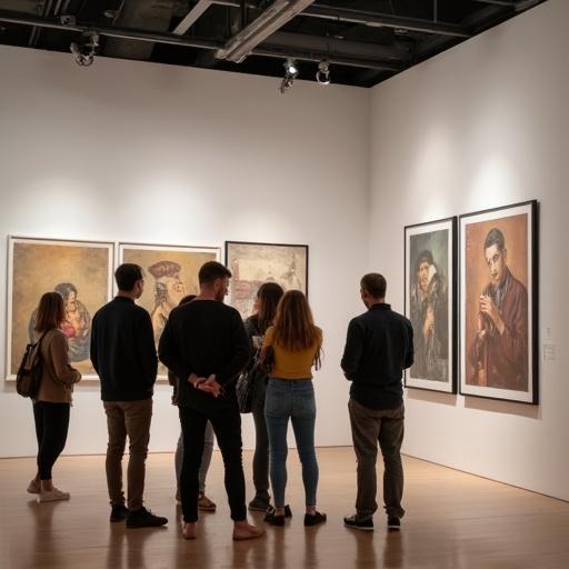 Group of art enthusiasts looks closely at paintings in a contemporary gallery. Wall is decorated with framed artworks. The setting is bright and inviting. Visitors engage with the art.