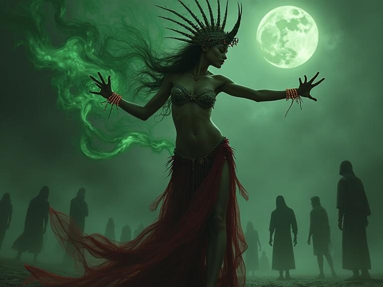 A beautiful dark sorceress casts a sickly green spell with arms extended. She wears a jeweled bikini and a tattered red skirt. Her headdress features a skull with bones. The background has dark human shapes in mist and a small full moon visible.