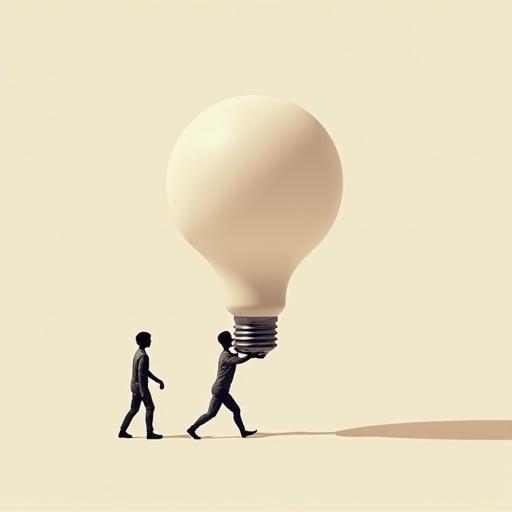 Minimalist illustration of small human figures carrying a giant light bulb. The design uses a limited color palette and showcases oversized objects. Features simplified human anatomy with significant negative space and a clean background, highlighting the surreal aspect of the concept.