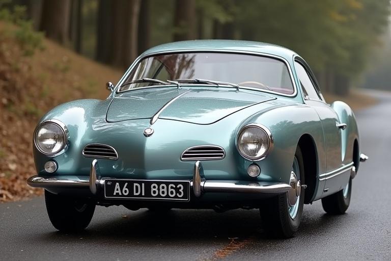 A classic car on a tree-lined road. The car is light blue and has a sleek retro design. The setting is tranquil with soft natural lighting.