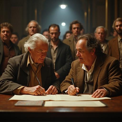 Scene depicting historical figures signing the Declaration of Independence. Atmospheric setting with a cinematic feel. Hyper realistic interpretation reminiscent of Tarantino’s style.