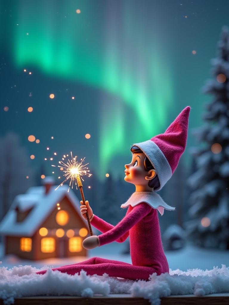 A pink elf on the shelf sits with her back to the viewer. She gazes skyward while holding a glowing wand. The wand emits sparkling light. Background showcases colorful northern lights above. A cozy, holiday-decorated house is in the distance. Snow covers the ground. The elf's playful position captures the magic of Christmas.