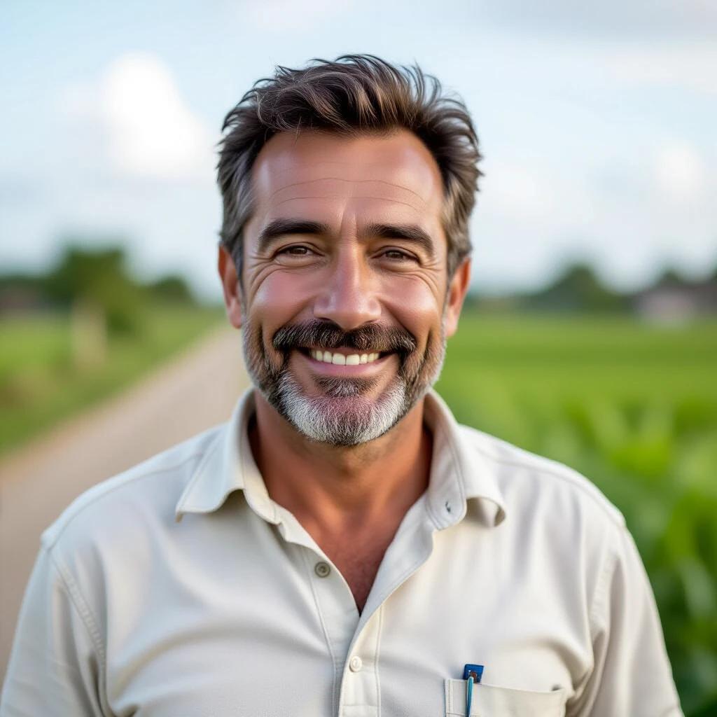 A smiling man in a rural landscape capturing the essence of agriculture. The background features green fields and a dirt road leading into the distance. Natural daylight enhances his joyful expression.