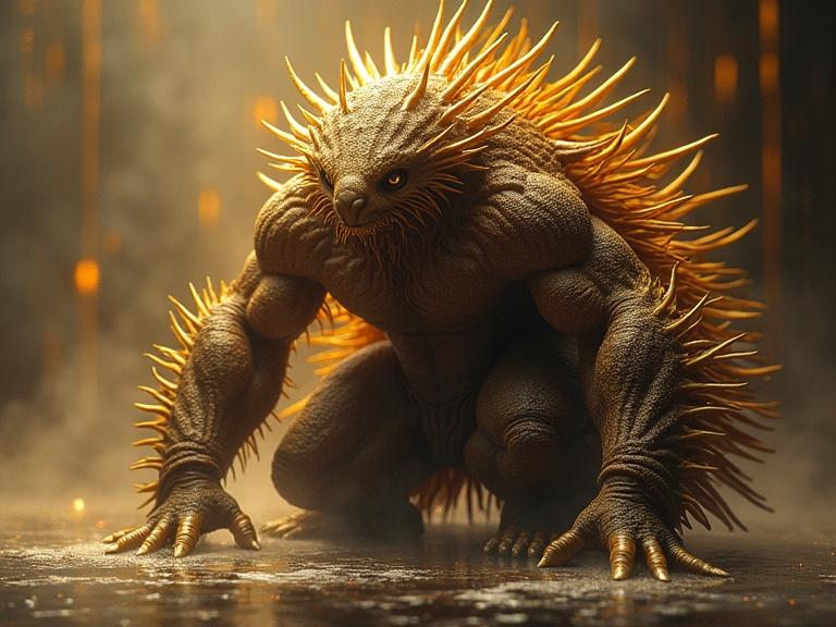 Detailed depiction of a powerful Echidna creature with dynamic pose. Hyper-realistic details in character design. Reflective surface highlighting muscular features. Fantasy concept art with high quality and epic flair.