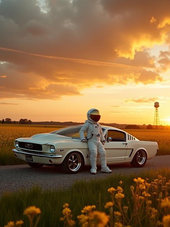 A low-angle wide shot of a white 1965 Ford Mustang in a green field with yellow wildflowers. The Mustang is parked on a gravel path. An astronaut in a white suit leans against it. The golden sunset creates a warm glow. A futuristic jet flies above, leaving a vapor trail. In the background, a water tower silhouettes against the horizon.