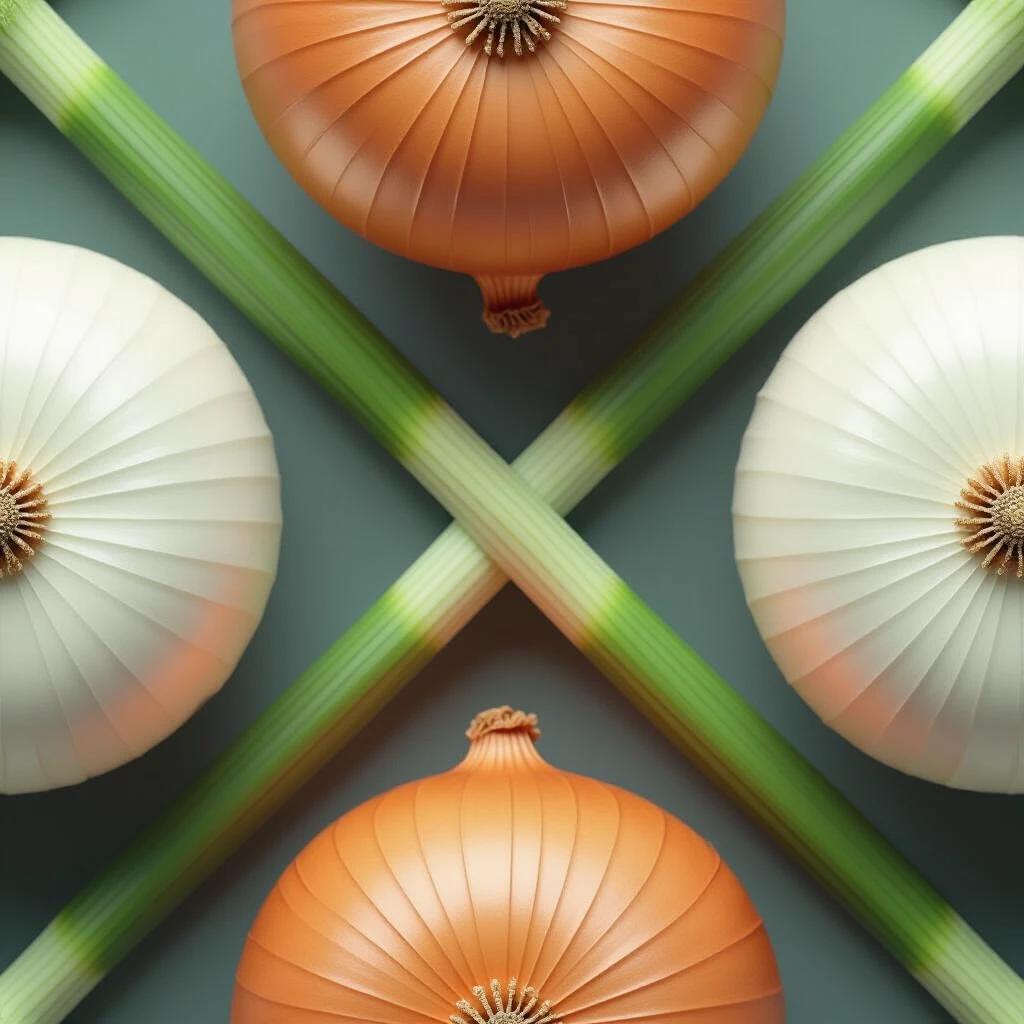 Tileable design with realistic onion skin texture. Onions arranged in a visually appealing layout. Soft colors prominent.