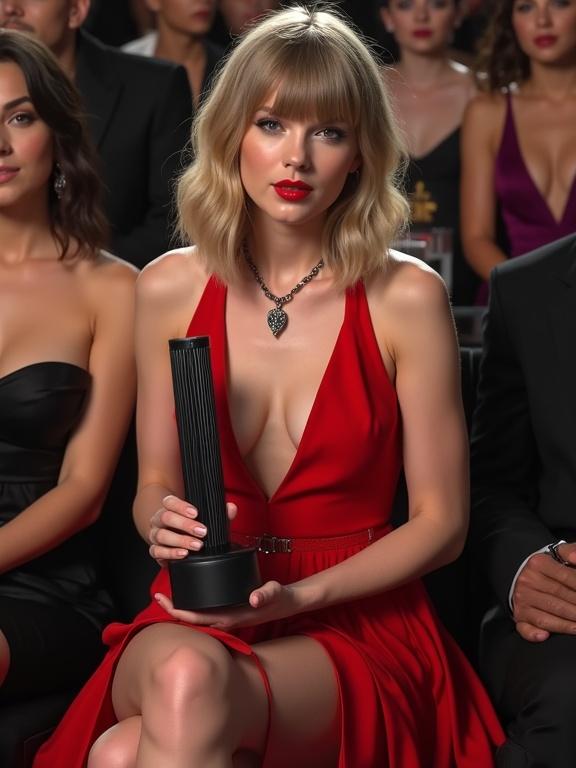 Photorealistic image of a pretty young woman in a red dress at an award show. She has a black pendant and is holding a black award. Scene captures the excitement of the event in a stylish manner.