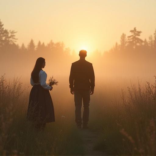 Man walks through foggy meadow at sunrise. Girl in traditional costume watches from behind. She holds wildflowers. Scene evokes emotions of nostalgia. Golden light pierces through mist with cinematic framing. Pastel sky gradient creates serene atmosphere.