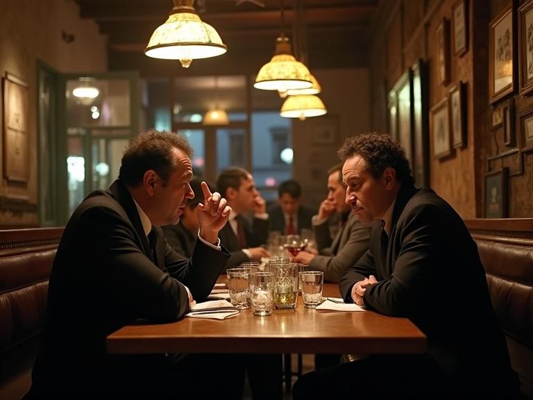 Interior view of a bistro in a Paris alley. Two men in suits sit at a table engaged in deep conversation. Warm lighting from hanging lamps creates an intimate atmosphere. The setting evokes themes of suspense and strategy reminiscent of the film 'Ronin'.