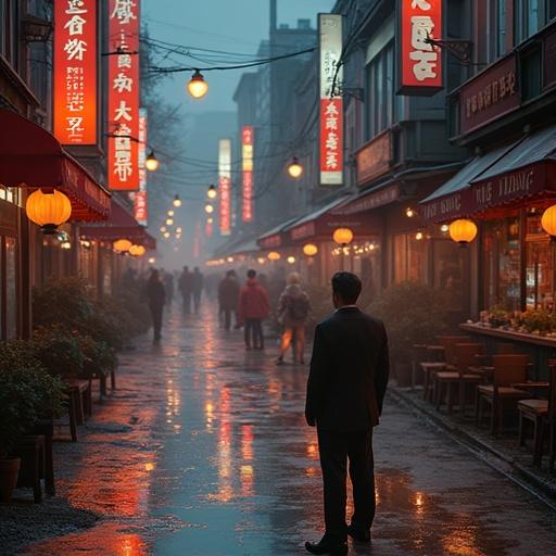 Foggy city street at night with traditional lanterns and a lone figure standing