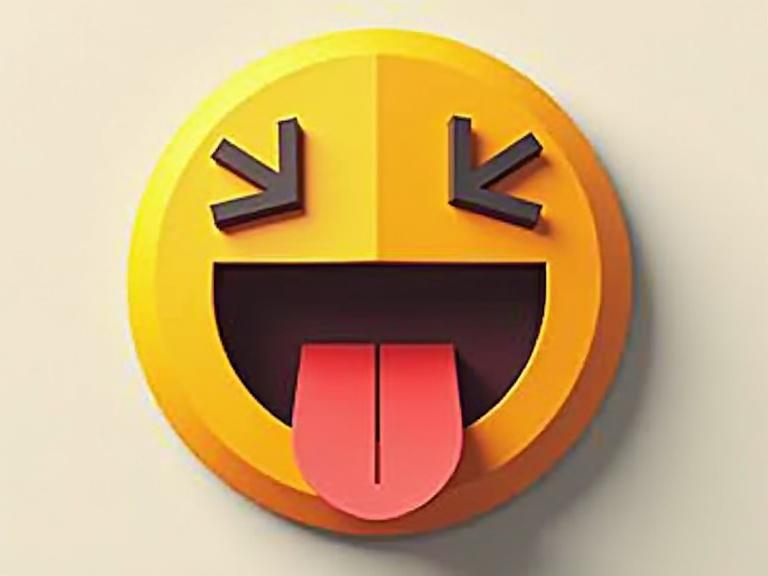 Geometric abstraction of a happy emoji. Features playful facial expression. Includes colors yellow and brown. Represents joyful emotion.
