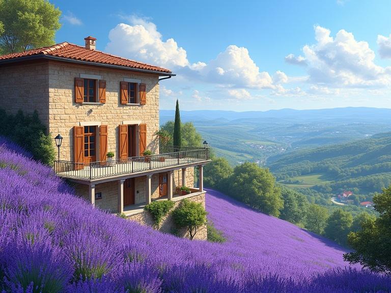 A picturesque digital painting of a traditional stone house in the South of France. The house sits on a sunlit hill with a terracotta tiled roof and wooden shutters. Five windows are visible along with an inviting terrace. Below, a valley of vibrant lavender blooms extends under a clear blue sky. The scene suggests a perfect summer day, highlighting the beauty of stone and lavender with rich colors and details.