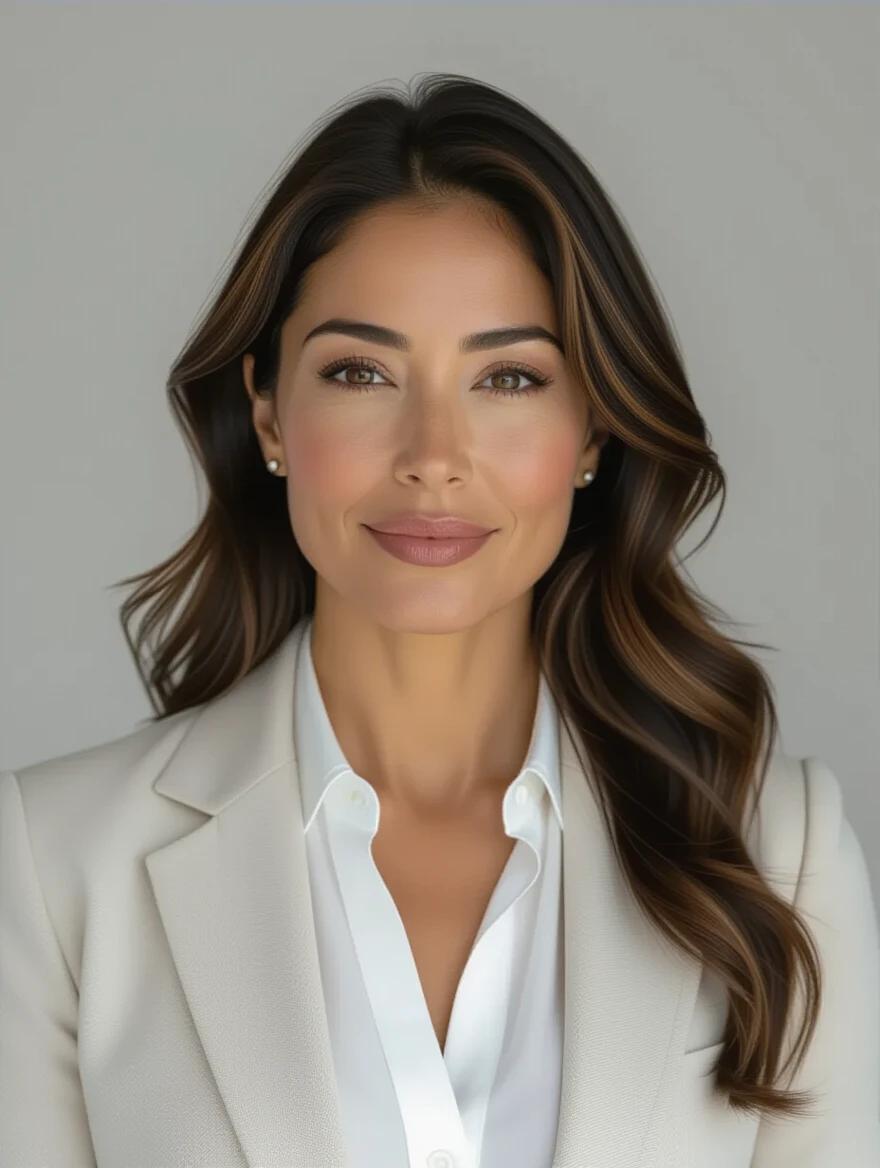 Realistic image of a 40-year-old Mexican woman with light skin and dark hair. Hair falls around shoulders. Expressive hazel eyes and soft yet defined facial features. Full lips and straight nose. White blouse under neutral fitted blazer. Calm and approachable expression with a gentle smile. Upright and relaxed posture facing forward. Clean and elegant professional style.