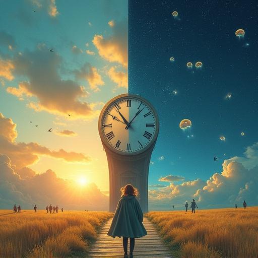 A surreal dreamscape divided into day and night. Bright sun shines on golden fields with people flying kites on the left. A deep blue night sky filled with stars and glowing jellyfish on the right. Central giant clock tower has hands pointing to different times. A cloaked figure walks along a path between both worlds.