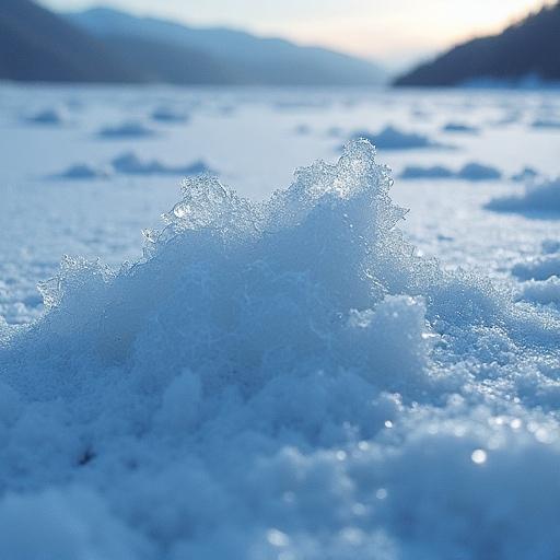A close-up view of a mound of frozen frost on a snow-covered landscape. The background features a blurred view of a wintry scene with mountains and a cold sky. Soft light illuminates the frosted surface creating a serene winter ambiance.
