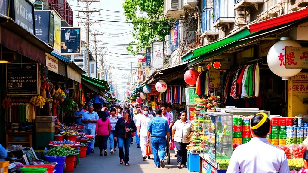 This bustling street market scene captures a lively atmosphere with vibrant colors and a variety of stalls. The narrow street is lined with shops displaying an array of clothes, fruits, and snacks under colorful awnings. Shoppers and vendors alike are engaged in their daily routines, adding to the dynamic energy of the marketplace.