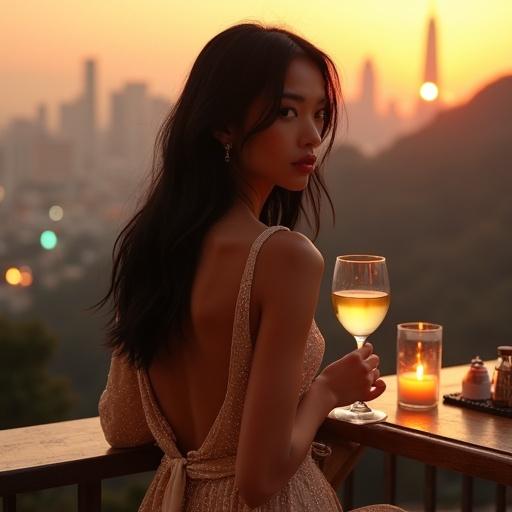 Elegant woman at rooftop restaurant during golden hour sunset wearing a shimmering backless cocktail dress. Soft ambient lighting with blurred city skyline. Romantic atmosphere with bokeh lights and warm tones. Young woman leaning against terrace railing in private villa. Black hair with calm mixed with tension expression. Silk kimono slipping off one shoulder. Holding glass of white wine gazing at city skyline. Candle burning beside her casting soft shadows. Moonlight illuminating features.