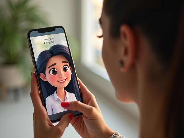 Close-up of a smartphone screen showing an animated personalized greeting with a 3D cartoon character. A woman is holding the smartphone and her eyes widen in surprise. The background blurs. It captures daylight tones and indoor realism with high detail on the screen reflection.
