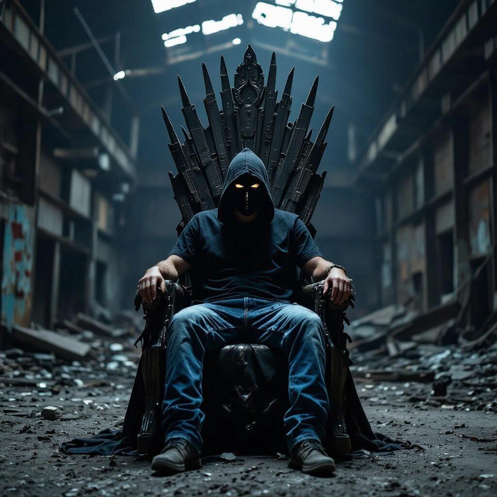 Portrait of a masked figure in jeans and a t-shirt seated on an impressive throne inside a dark, crumbling tech warehouse