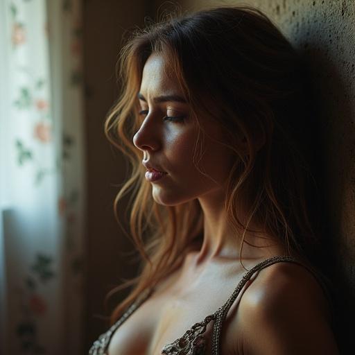 A woman in a contemplative pose with soft light filtering through a window. Emphasis on her profile and natural beauty. The background is softly blurred enhancing focus on the subject.
