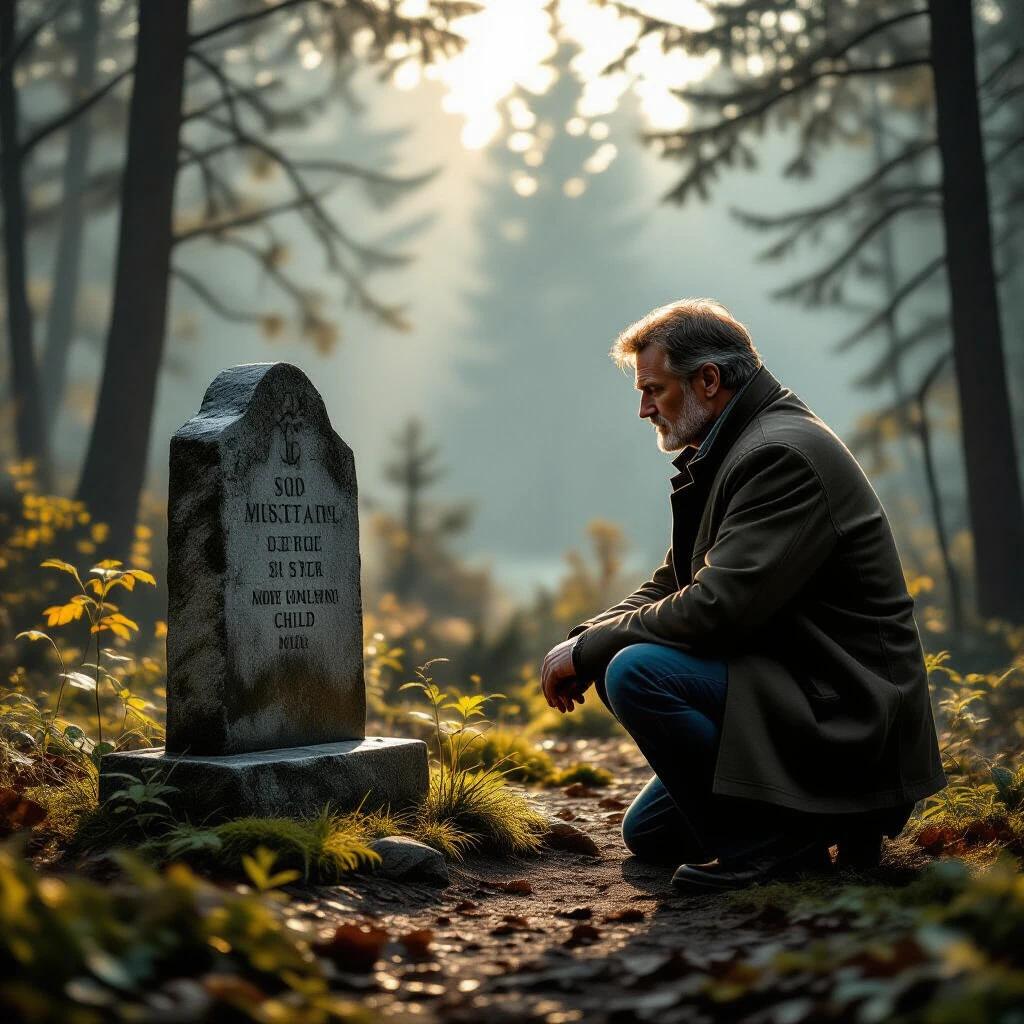 A retired detective revisits a cold case of a missing child in a misty forest near a memorial stone. The setting is filled with shadows and golden-hour haze. The atmosphere is heavy with emotion and intrigue.