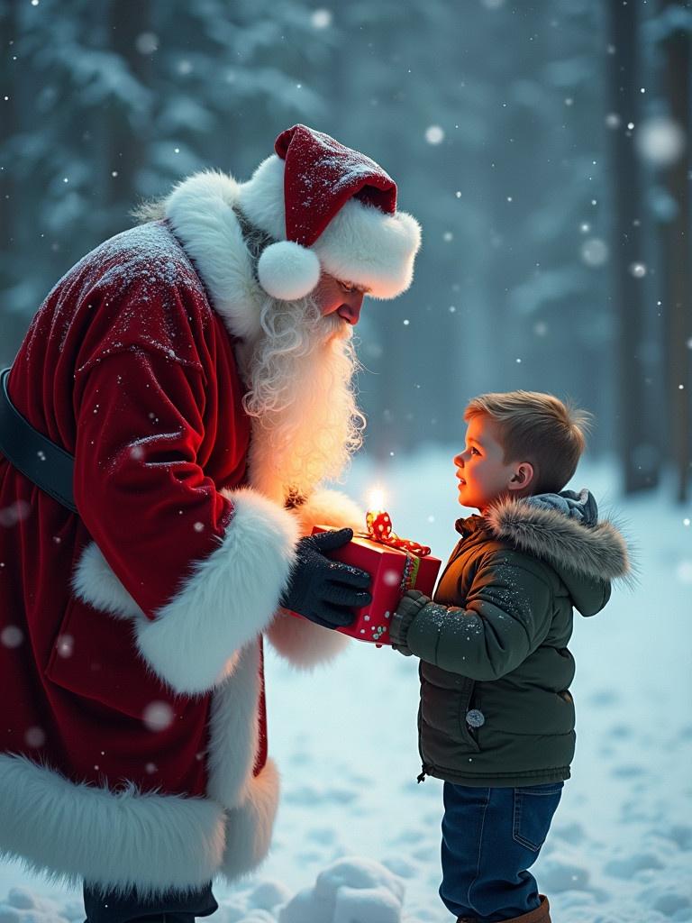 Scene with Father Christmas in a snowy forest. He is giving a gift to a child. The child appears excited and happy.