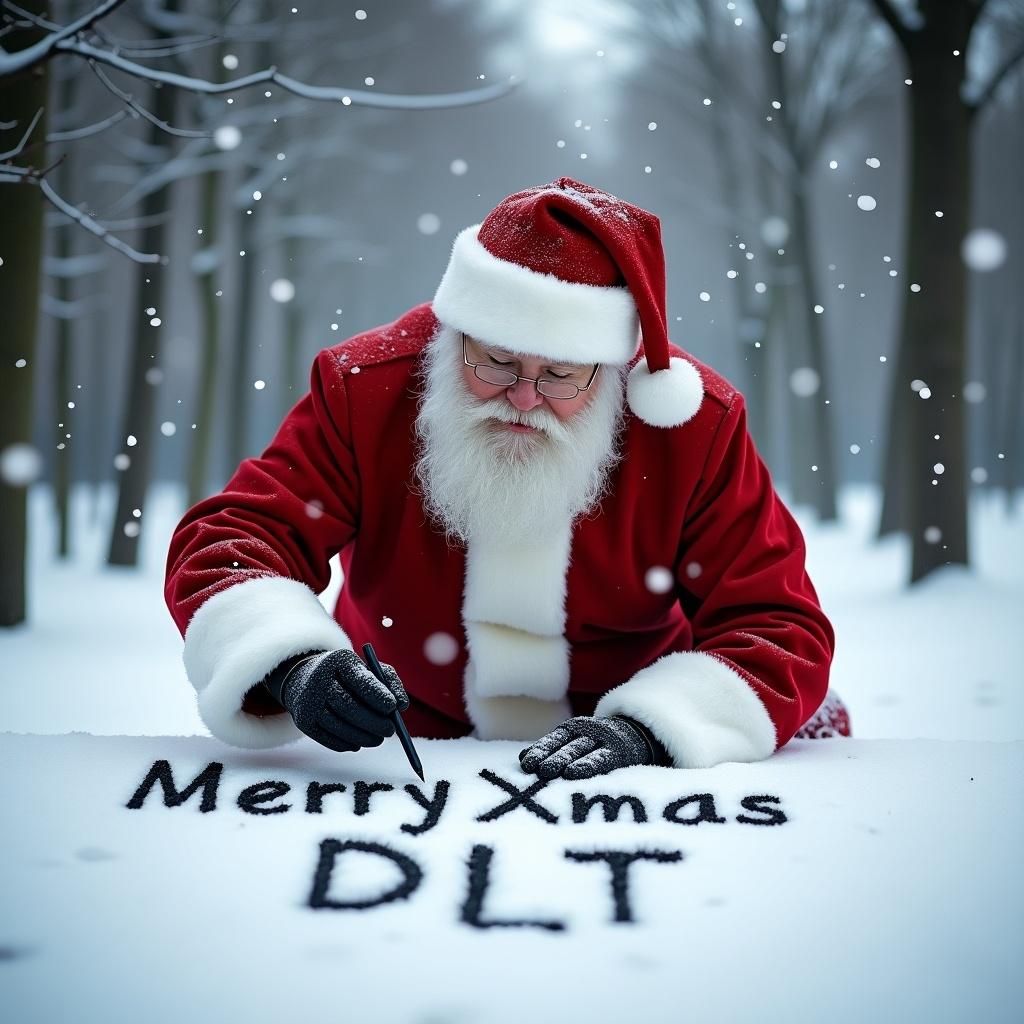 Santa Claus in a red suit with white trim writes in the snow. Snow is gently falling. Background includes bare, frosty trees.