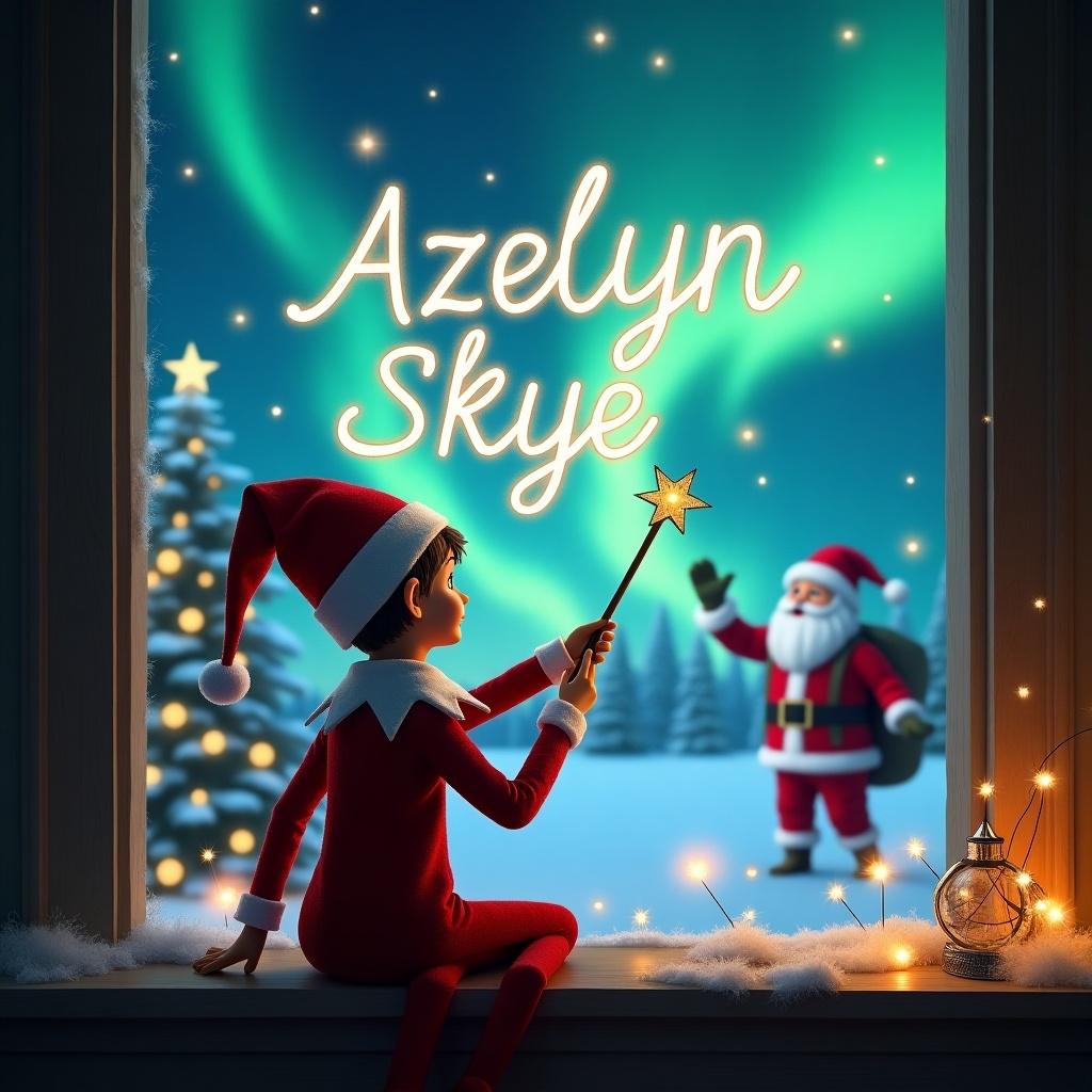 An elf on the shelf is featured in this enchanting image, turning his back to the viewer and facing a magical night sky. The elf uses a wand to write 'Azelyn Skye' in glowing letters against the backdrop of dazzling northern lights. In the background, Santa Claus waves cheerfully. The setting features a beautifully decorated Christmas tree and cozy winter elements. The atmosphere is warm and festive, evoking the joy of the holiday season.