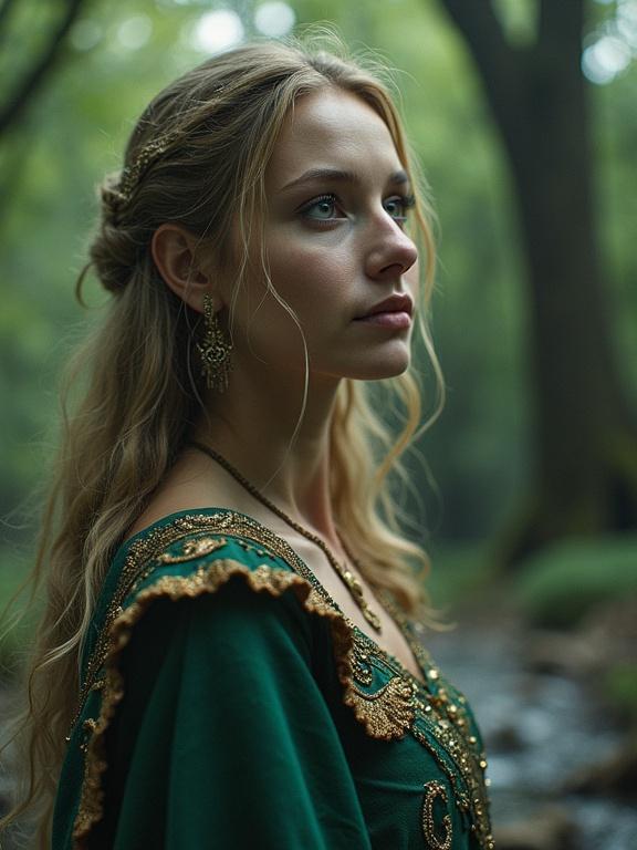 Photorealistic close-up of a beautiful sorceress in a green gown with intricate details in a magical forest. Soft light enhances the enchanting atmosphere.