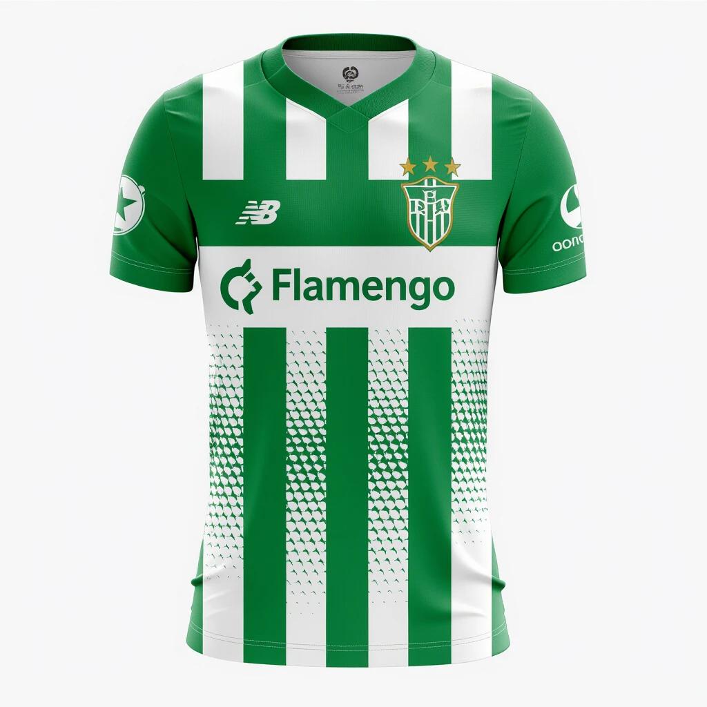 A sports jersey featuring the Flamengo team colors and design. The shirt is primarily green with white accents and a pattern. The logo of the team is displayed prominently. New Balance logo is also visible. The design reflects a vibrant, sporty style.