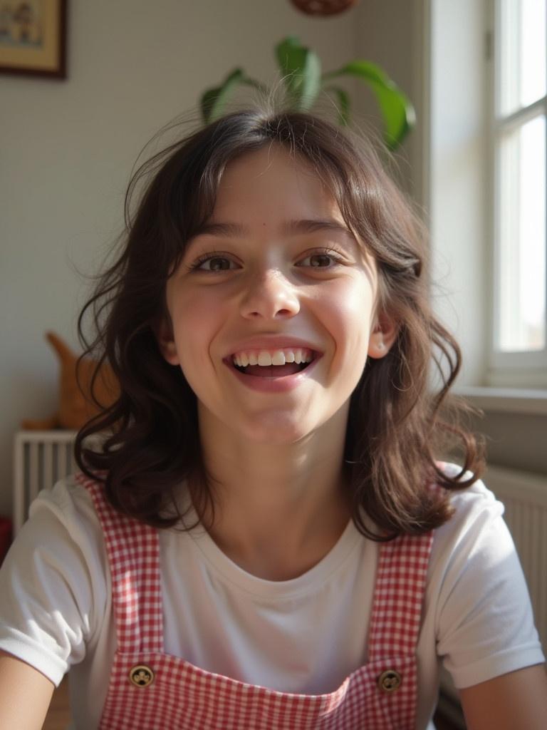 Girl with curly hair in a casual outfit sitting indoors. The setting has natural light and a warm atmosphere. Visible clues suggest a relaxed vibe.