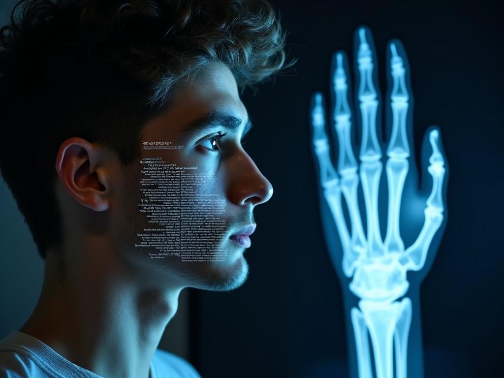 The image shows a young man in profile, standing next to an illuminated x-ray of a human hand. The clarity of the x-ray highlights the bones distinctly. The subject’s expression is contemplative, suggesting a connection to the medical imagery. Soft lighting enhances the mood, creating a striking contrast between the subject and the x-ray. This juxtaposition underscores the relationship between human anatomy and medical imaging.