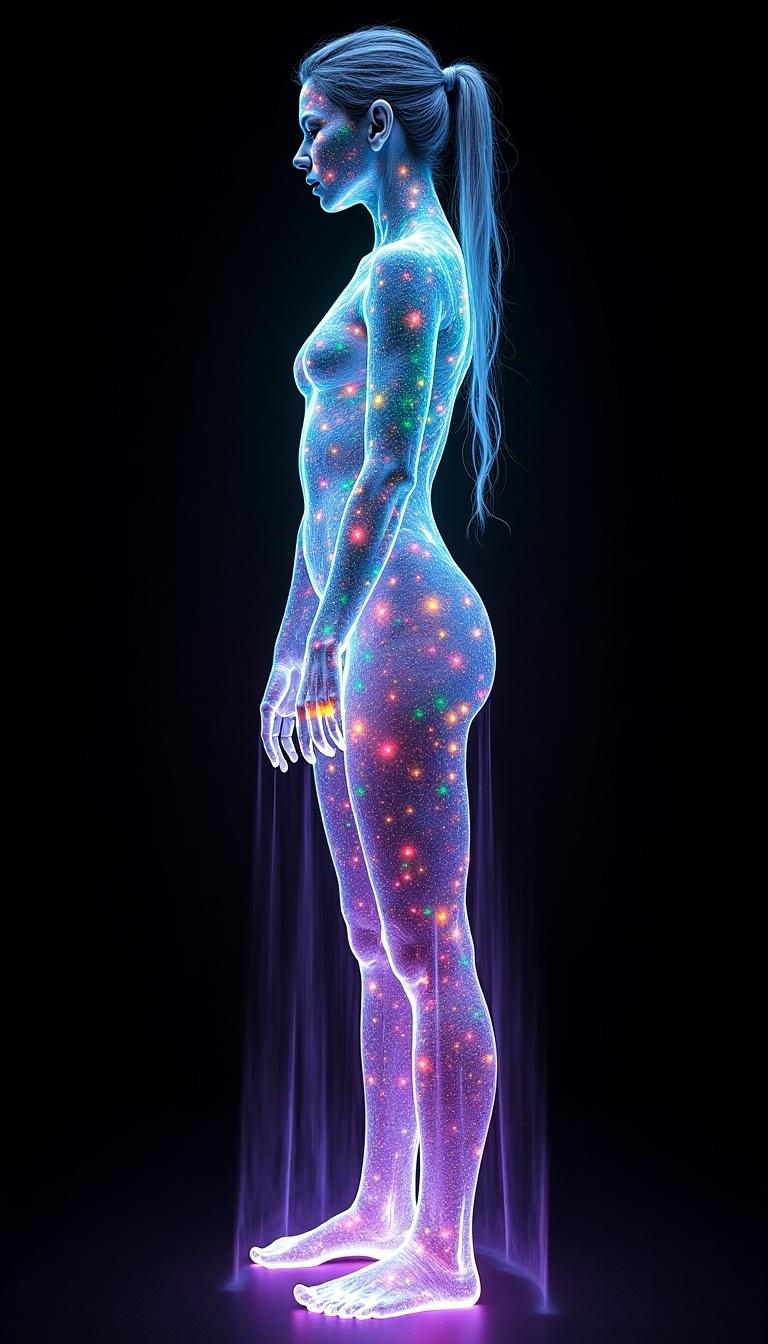 This image features a standing hologram of a Nordic woman in her twenties, rendered in a hyperrealistic and highly detailed style. Her body is adorned with intricate neon bioluminescent filigree, emitting vibrant rainbow colors. Set against a solid black backdrop, the dynamic portrait captures the essence of futuristic aesthetics. The woman appears almost transparent, adding to the ethereal effect of the artwork. The stunning use of color creates a psychedelic overload, making it a captivating visual experience.