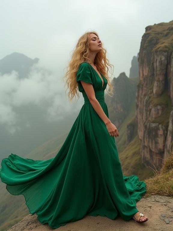 Glamorous model with voluminous long blonde curls poses on the edge of a cliff in the Simien Mountains. She wears a daring emerald green haute couture dress that billows in the wind. Mist rolls across the rugged peaks in the background. Assertive yet feminine pose radiates power, beauty, and adventure. Golden hair contrasts with the wild landscape. Luxury fashion editorial, cinematic wide shot, dramatic lighting.