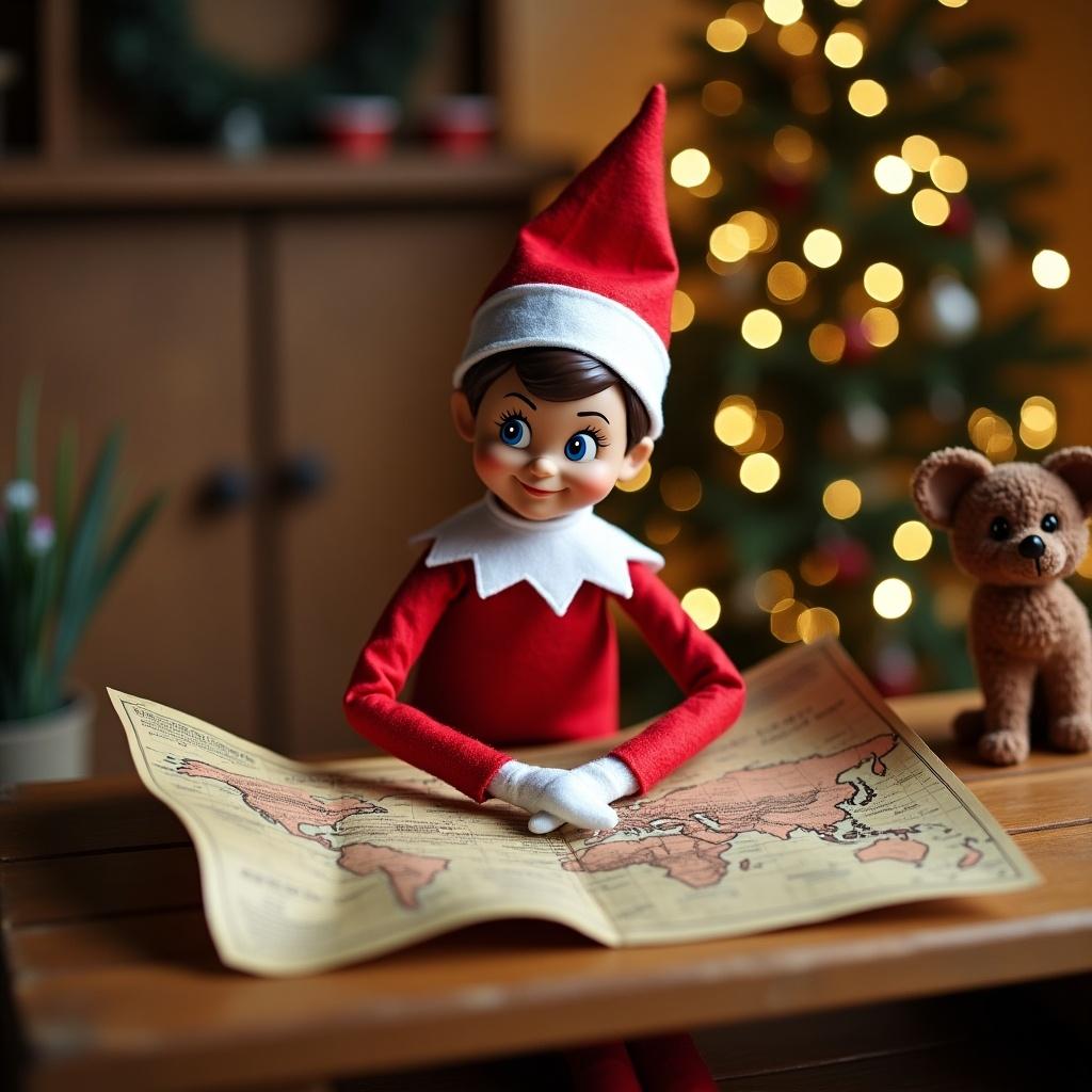 Elf on the shelf character holds a detailed world map. Surrounding decorations evoke festive Christmas spirit.