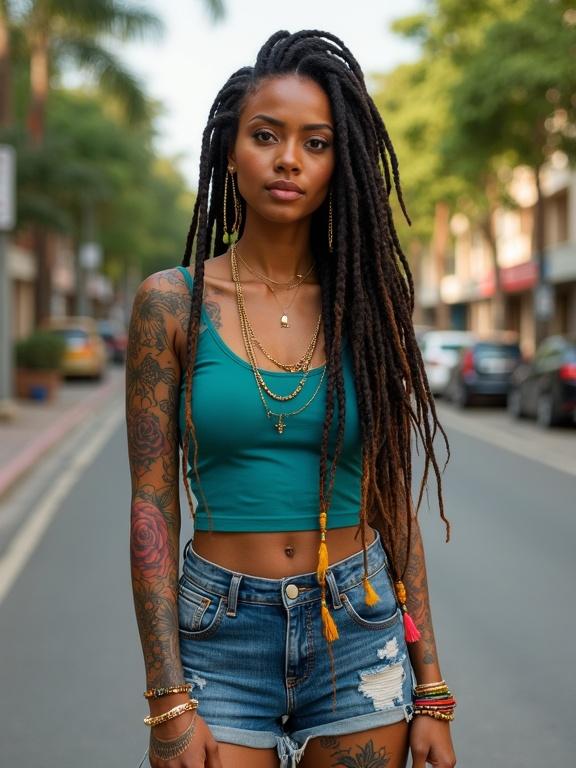 Hyper-realistic portrait of an Indian woman in her early 30s standing confidently on a tree-lined urban street. Long braided dreadlocks adorned with golden rings and colorful threads. Warm radiant skin tone with a confident and serene expression. Teal tank top and denim shorts with gold tassel accessories. Detailed colorful tattoos of roses and mandalas on arms and thighs. Gold hoop earrings and bangles. Soft daylight illuminating urban details and lush greenery; bold modern aesthetic.