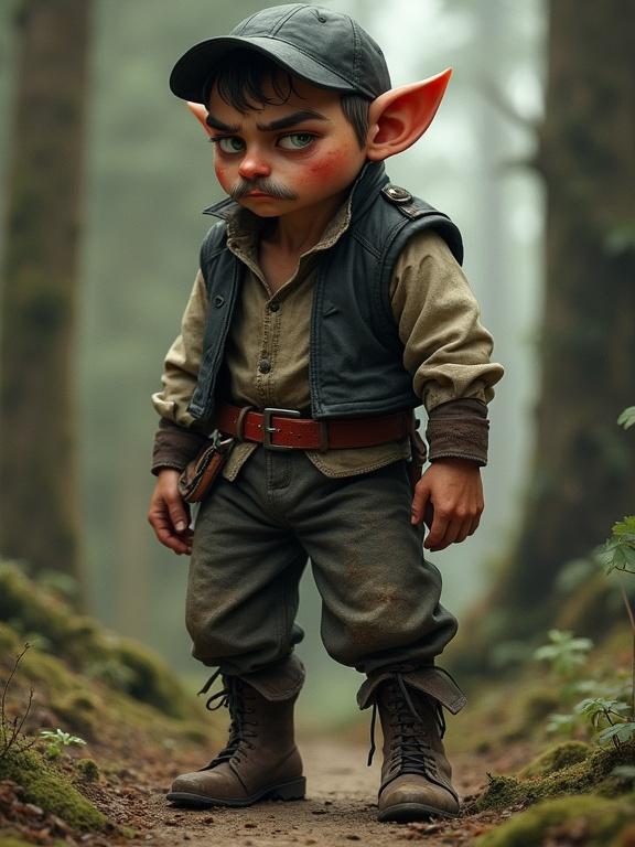 A portrait of a fictional character named Räuber Hotzenplotz. He appears as a grim robber in a forest setting. The character has an expressive weather-beaten face, a pointed chin, and a thin mustache. He wears a black leather vest over a coarse fabric shirt, red belt, and worn-out boots. A dirty black cap sits on his head. The character stands confidently in the woods, suggesting a dangerous personality.