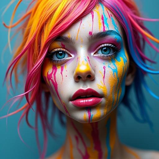 Colorful melting paint on a lonely girl's face creates striking visuals. The girl appears serene with closed eyes. Paint drips down her face, showcasing vibrant colors and artistry.