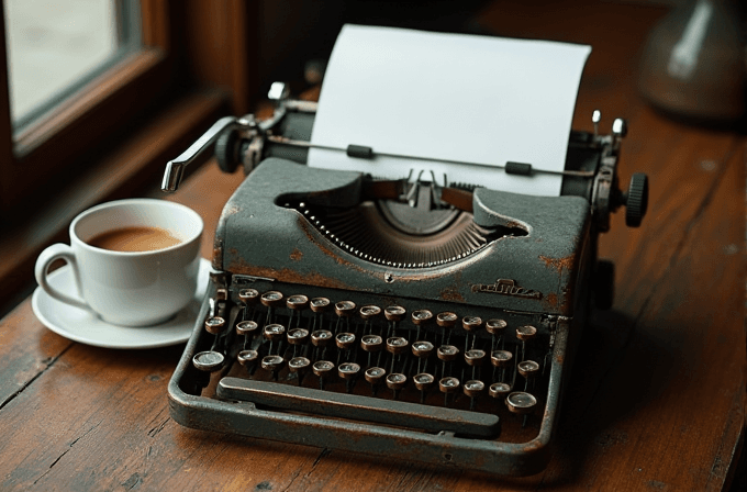 An old, rustic typewriter with a blank sheet of paper next to a cup of coffee on a wooden table.