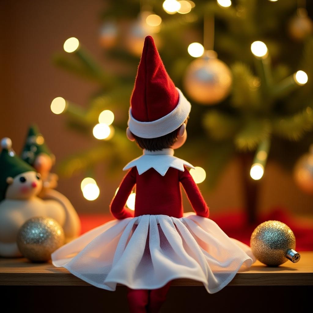 An elf on the shelf sits with its back to the viewer, dressed in a bright red top and a medium long white skirt. The background features a beautifully decorated Christmas tree adorned with golden ornaments. Soft warm lights illuminate the scene, creating a cozy holiday atmosphere. Other festive characters, such as a snowman and a small decorative elf, can be seen nearby. The overall mood is enchanting and festive, perfect for evoking the spirit of Christmas.