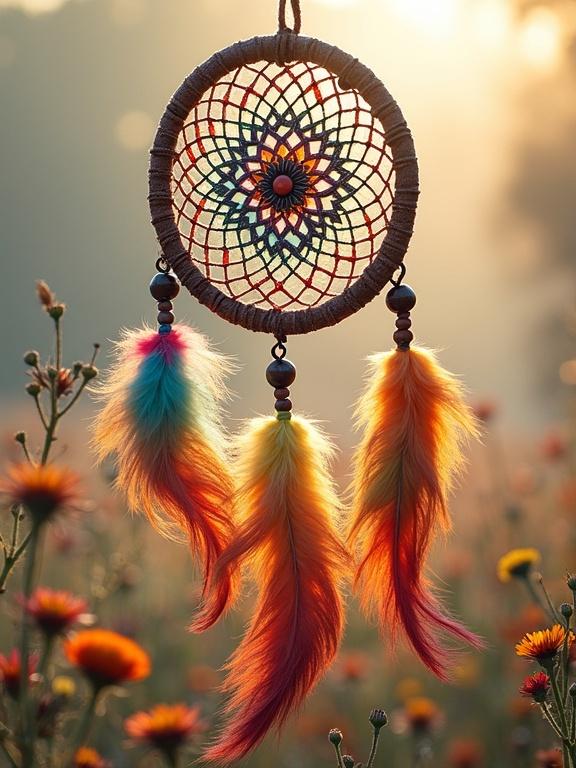 Dreamcatcher art in bohemian style. Colorful feathers cascading gracefully. Intricate beadwork creates elegant patterns. Surrounded by blooming wildflowers. Ethereal glow envelops the scene. Composition follows rule of thirds. Dreamcatcher is centrally placed against a soft, hazy background. Warm earthy tones with vivid splashes create a harmonious balance. Gentle play of light and shadow highlights rich textures. Emphasis on delicate details and natural aesthetic.