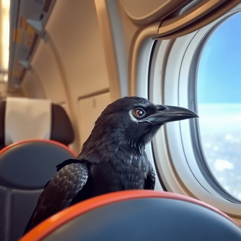 A raven is perched on an airplane seat, looking out the window at the sky.