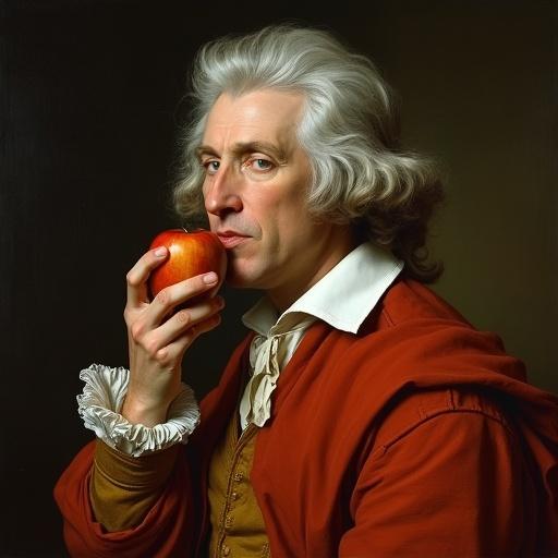 Painting of a man holding an apple. He has curly hair and wears a formal 18th-century outfit. The expression is thoughtful and contemplative.