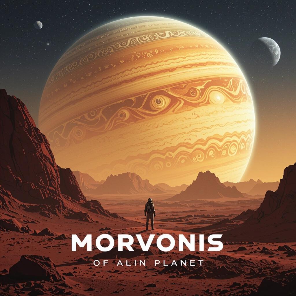 Album cover depicting an alien planet named Morvonis. Features a large gas giant in the background with distinctive patterns. Foreground shows a rocky landscape and a figure standing, highlighting the vast environment.